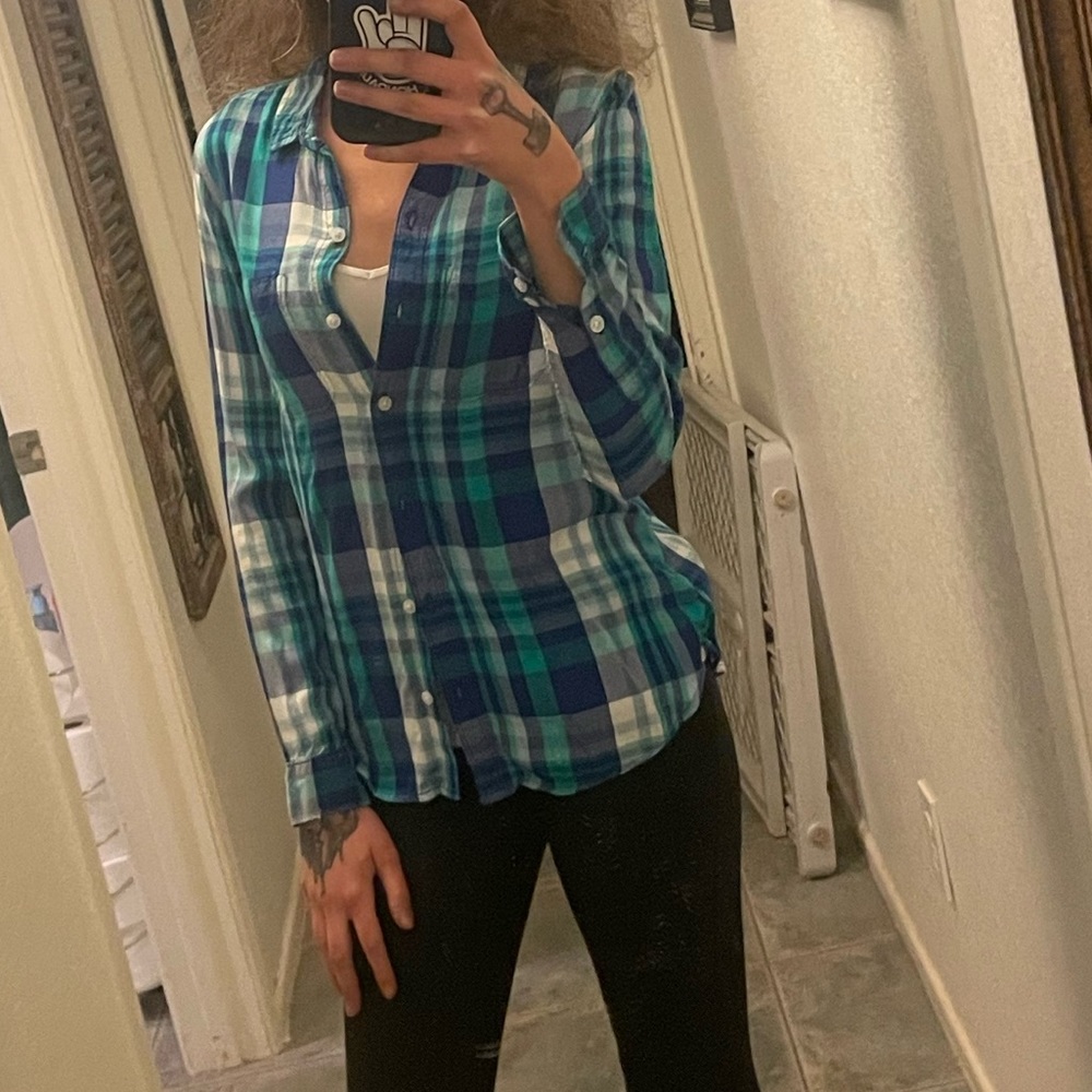 blue purple and green flannel